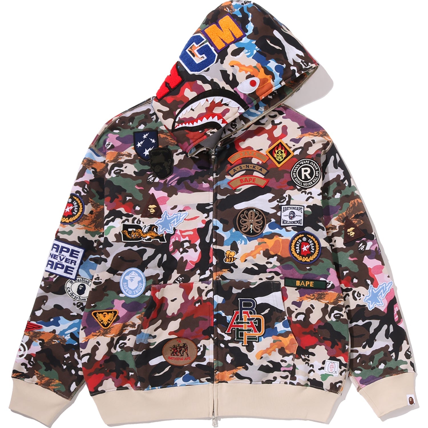 HYBRID CAMO MULTI BADGE SHARK RELAXED FIT FULL ZIP HOODIE MENS