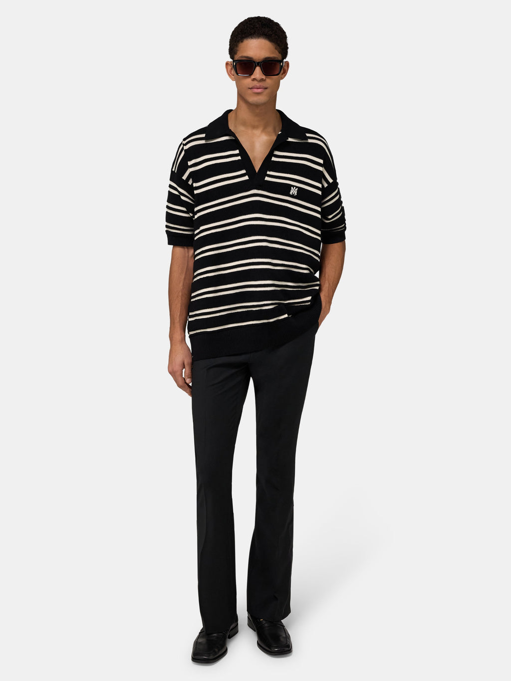 MA STRIPE KNIT SS POLO - Black