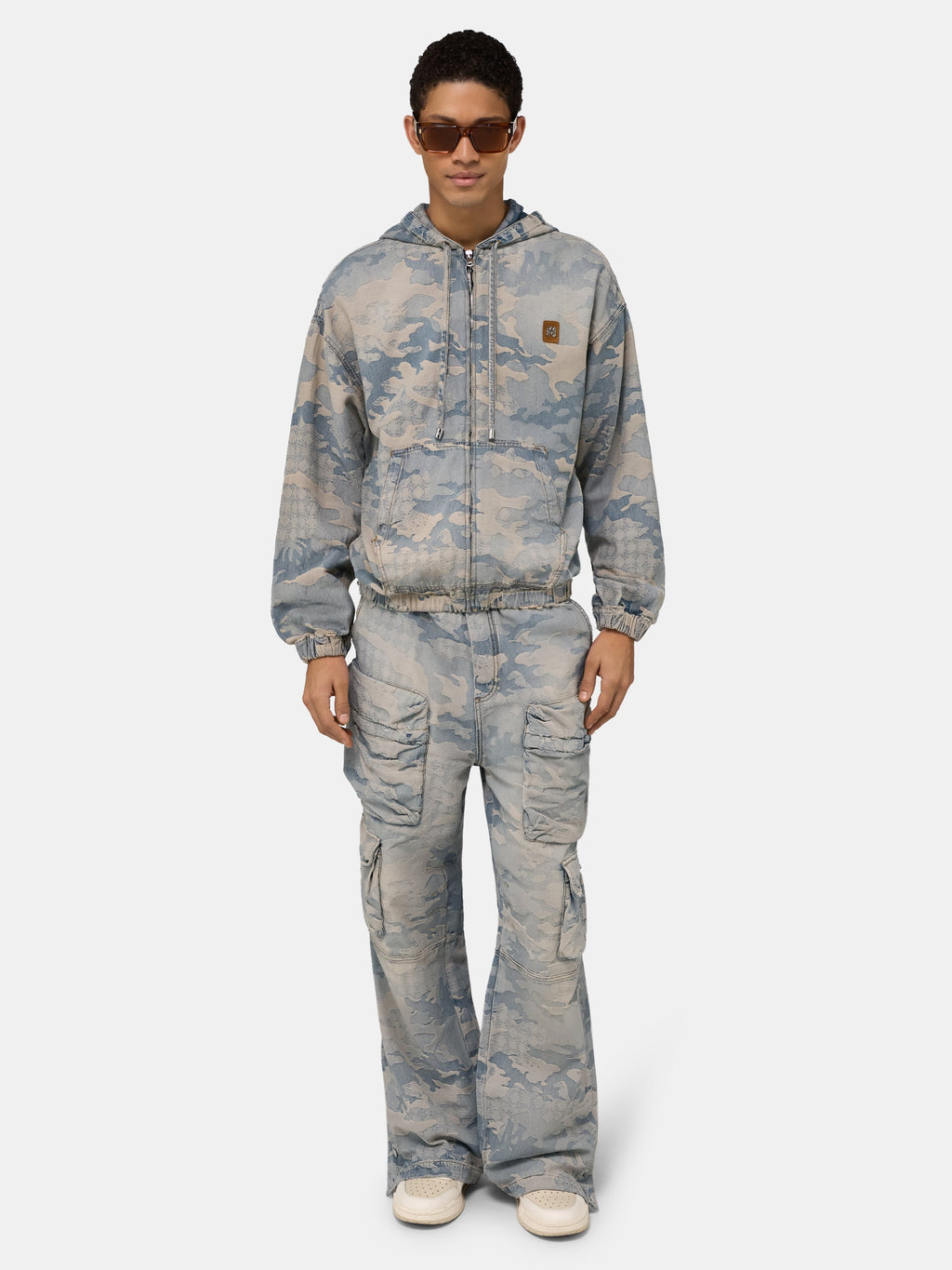 CAMO JACQUARD DENIM ZIP HOODIE - Camo Indigo