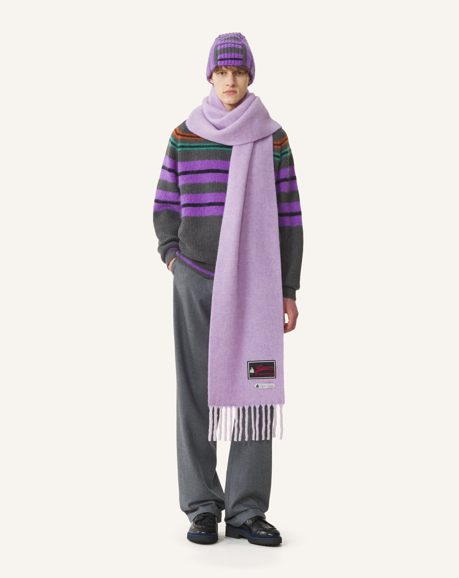 FRINGED WOOL SCARF WITH 22 FAUBOURG LABEL