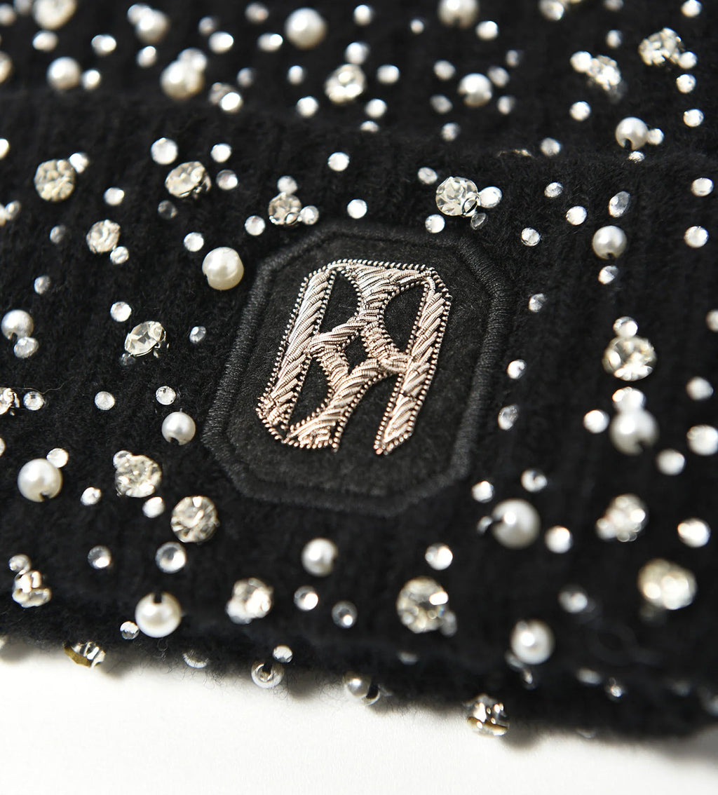 Birth of Royal Child Pearl Rhinestone Beanie Black