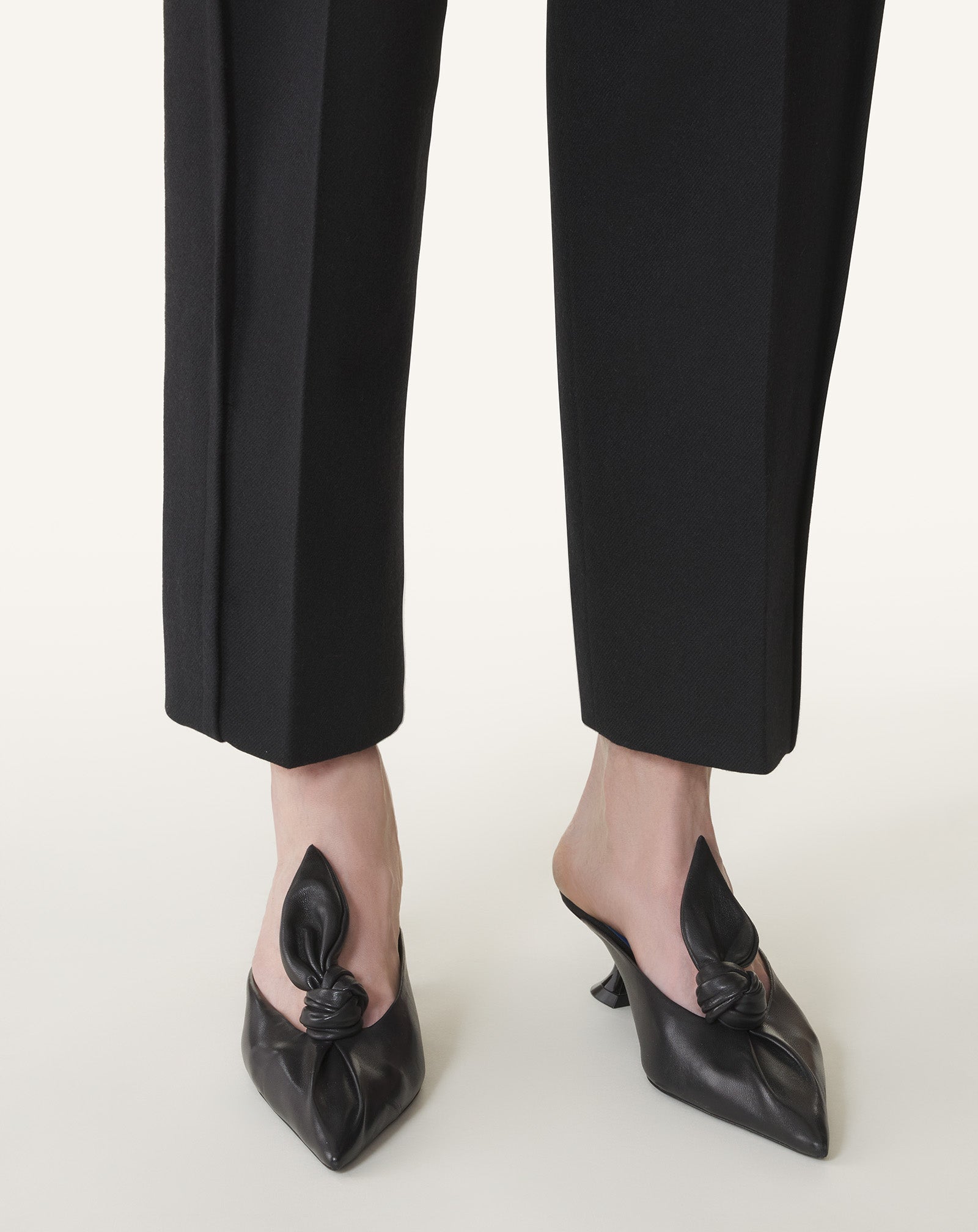 MIDNIGHT STEP HEELED MULES WITH A LEATHER BOW