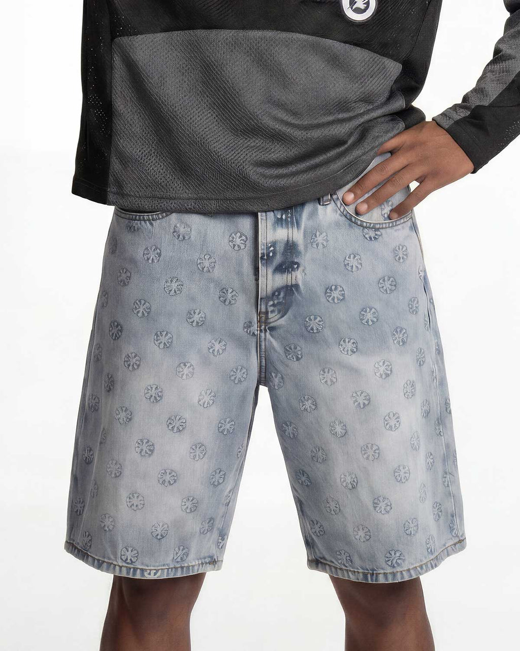 Lost Shdws Embossed Logo Denim Shorts Blue
