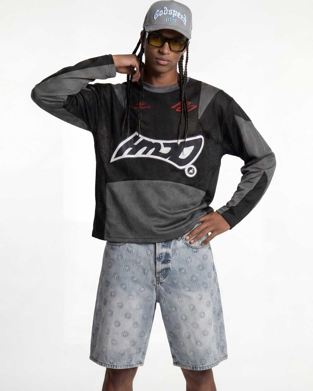 Lost Shdws Embossed Logo Denim Shorts Blue