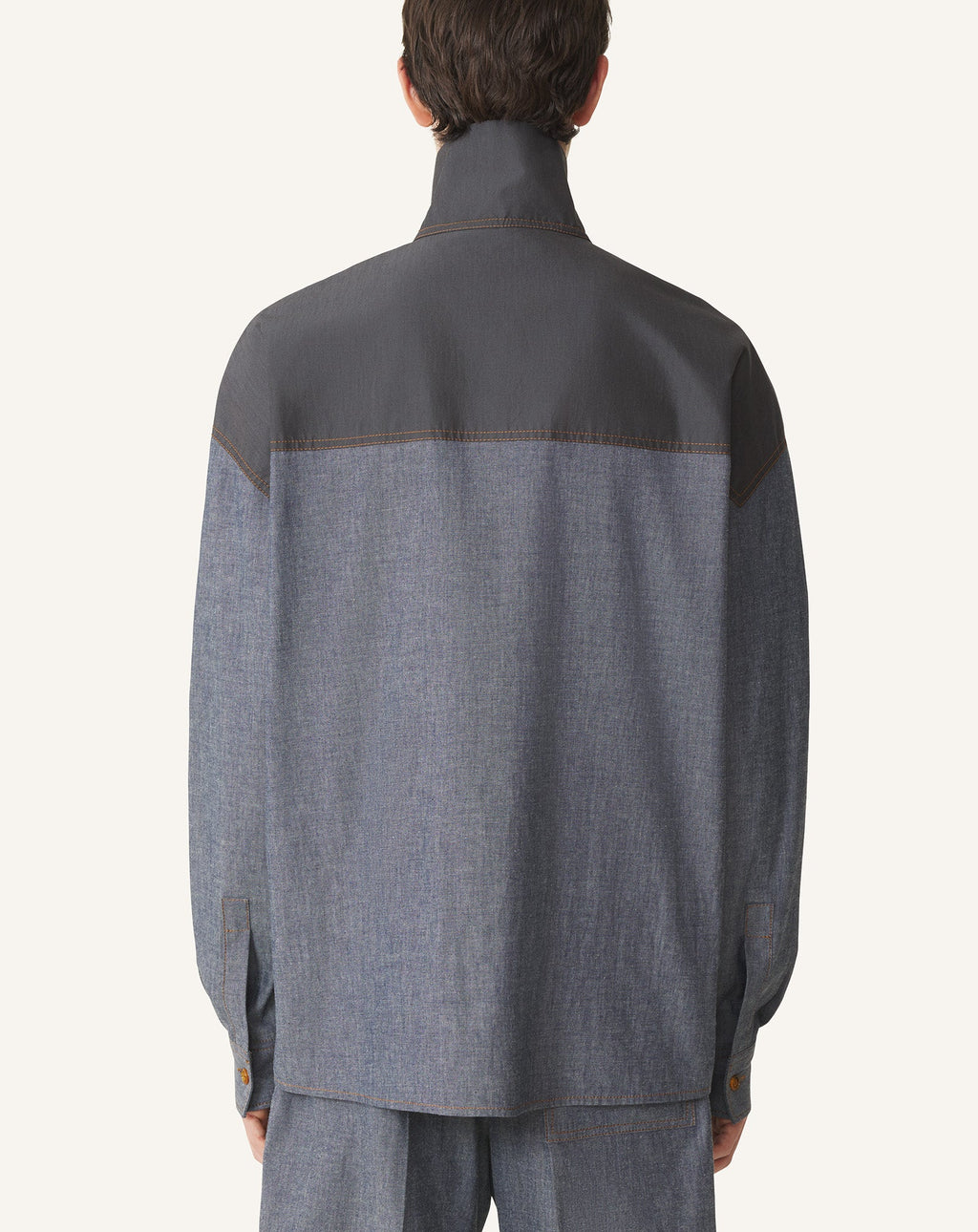 HIGH ZIP-NECK CHAMBRAY TOP