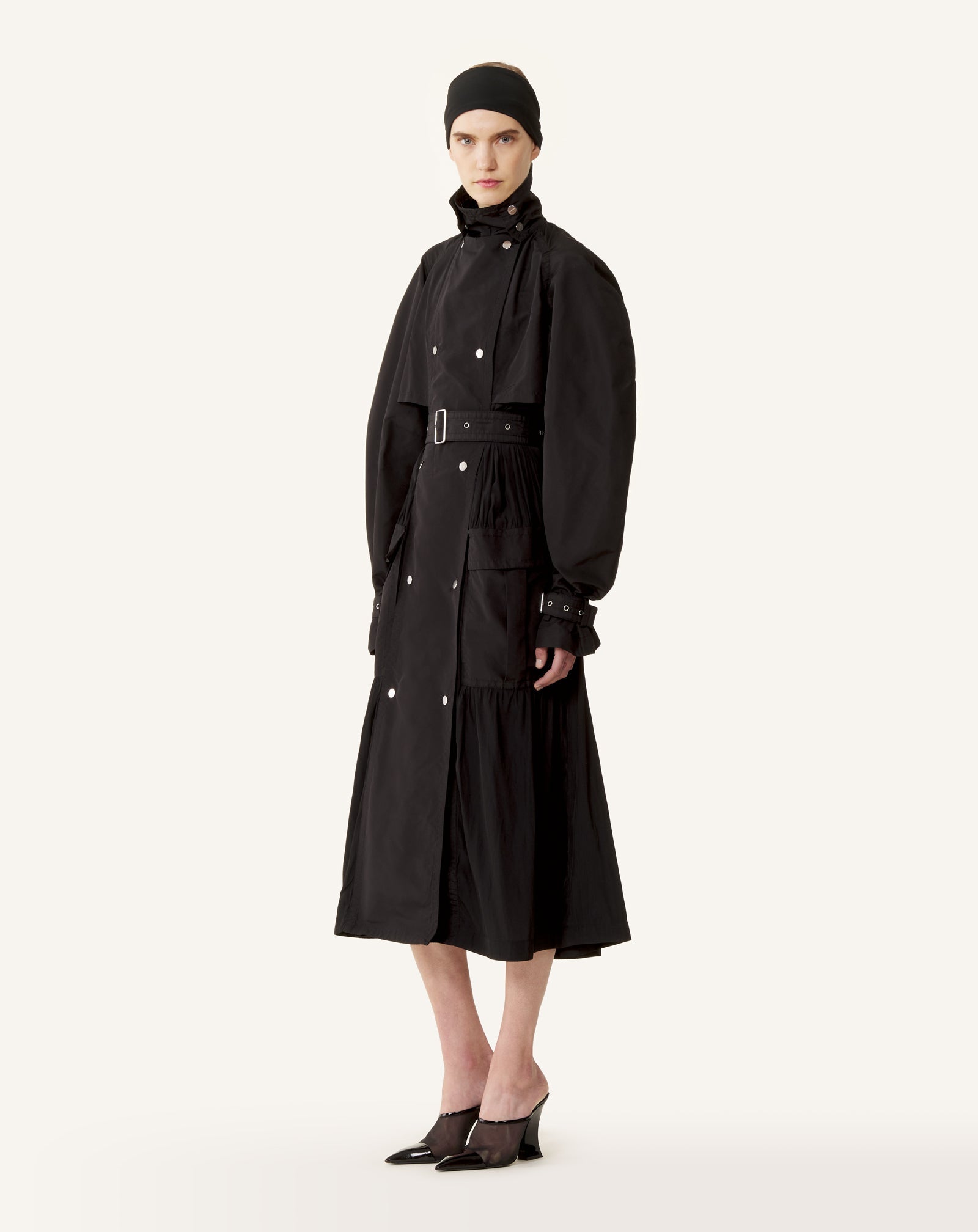 BI-MATERIAL TRENCH COAT IN SILK FAILLE AND CHARMEUSE FABRIC