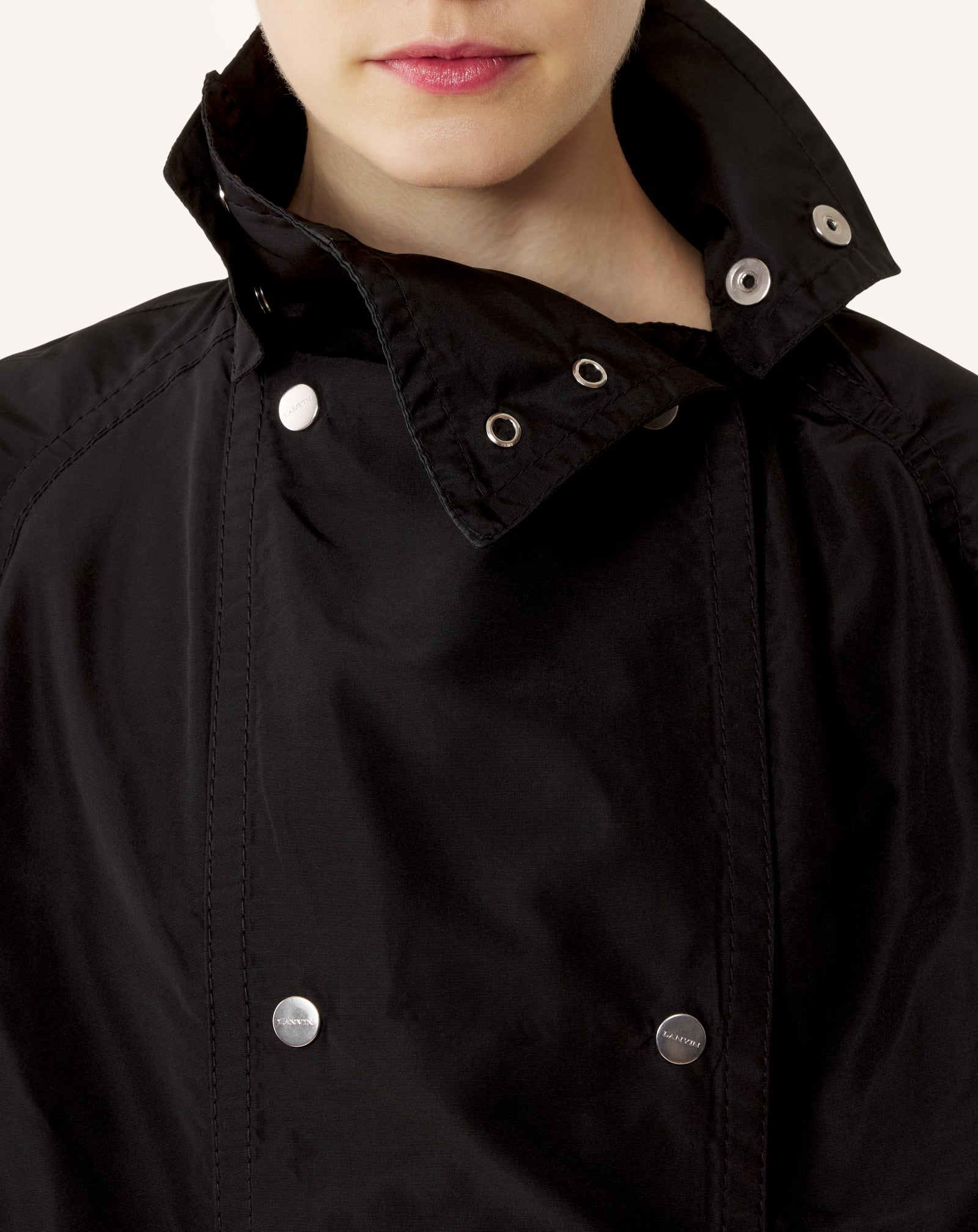 BI-MATERIAL TRENCH COAT IN SILK FAILLE AND CHARMEUSE FABRIC