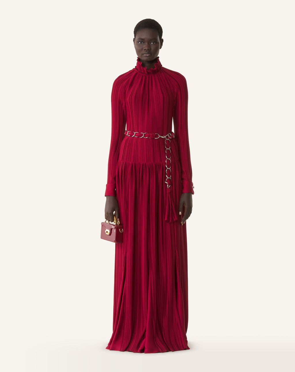 LONG PLEATED CHARMEUSE DRESS