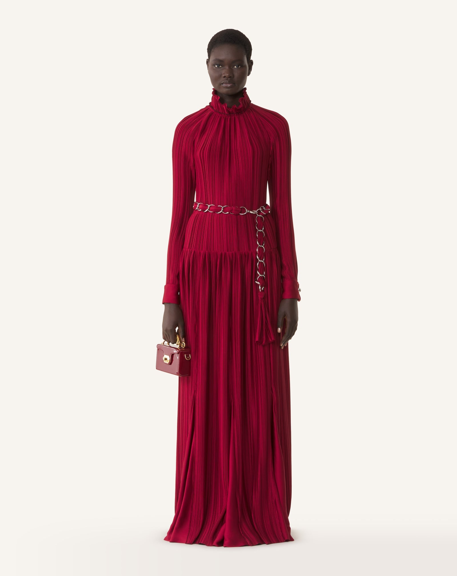 LONG PLEATED CHARMEUSE DRESS