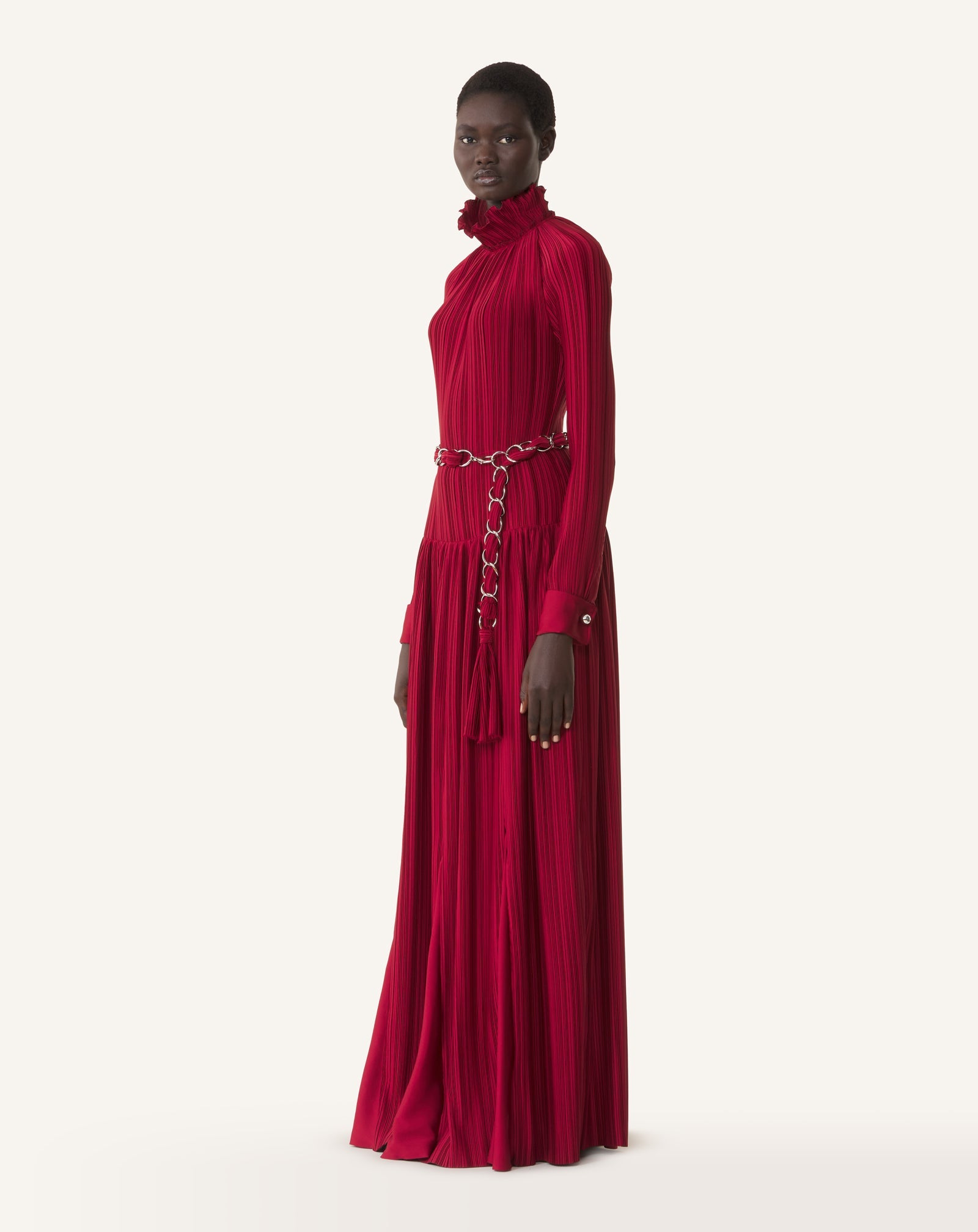LONG PLEATED CHARMEUSE DRESS