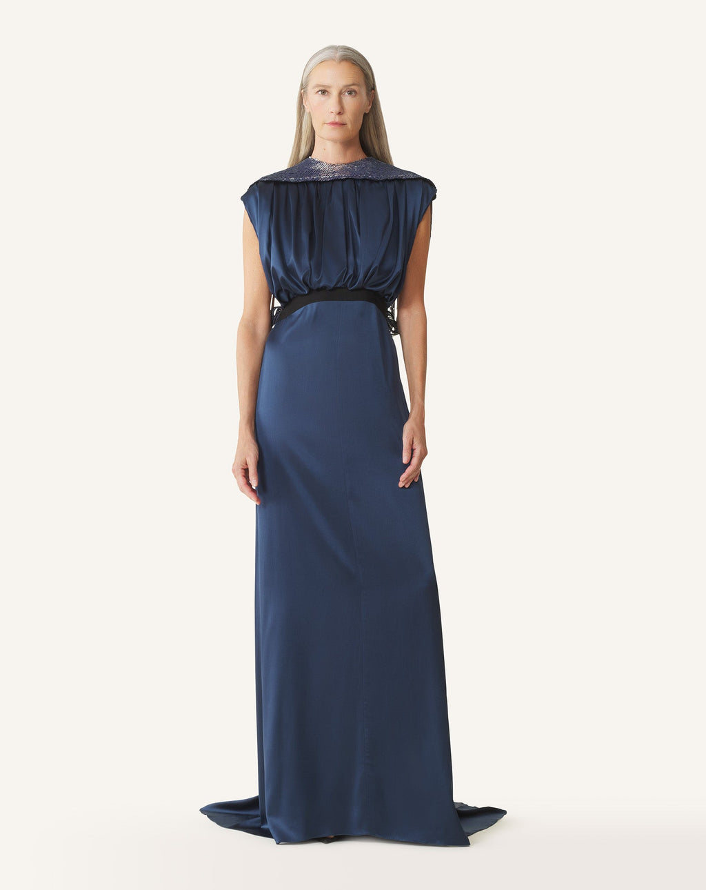 EMBROIDERED BACK DRESS IN SILK SATIN