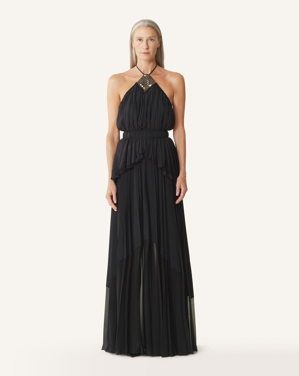 EMBROIDERED DRESS IN SILK AND CHARMEUSE