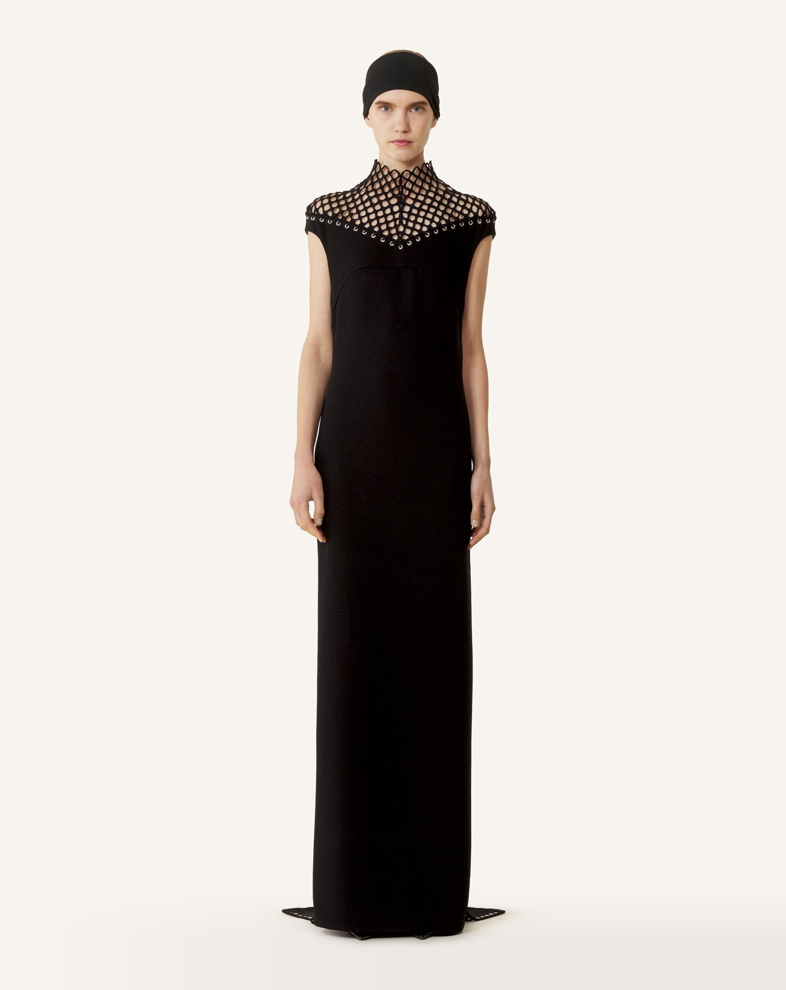 LONG VISCOSE DRESS WITH MESH DETAIL