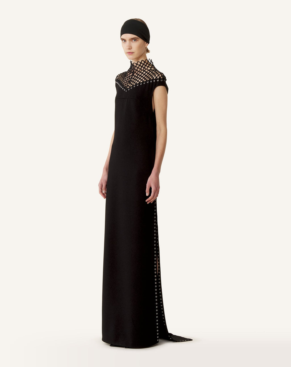 LONG VISCOSE DRESS WITH MESH DETAIL