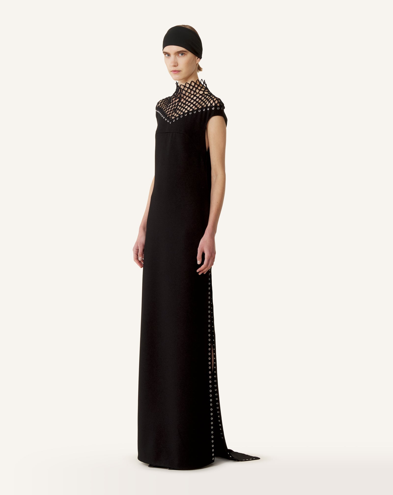 LONG VISCOSE DRESS WITH MESH DETAIL