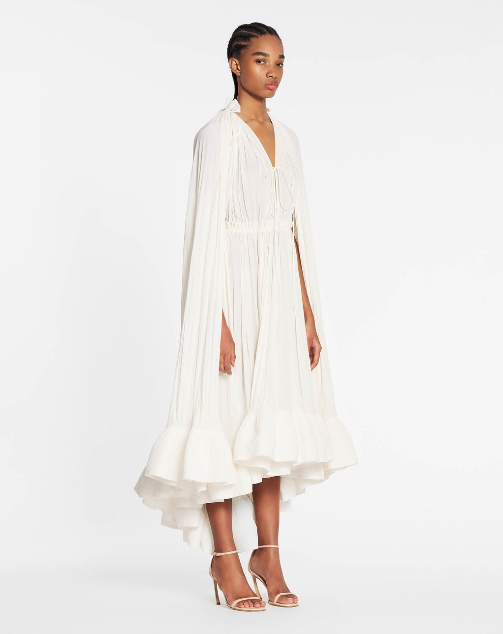 LONG CHARMEUSE RUFFLE DRESS