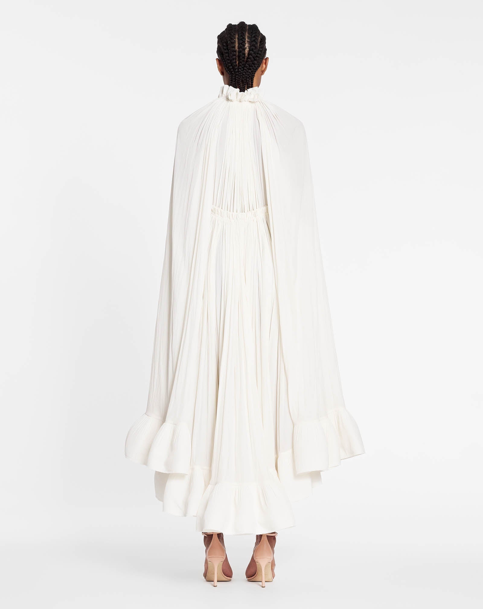 LONG CHARMEUSE RUFFLE DRESS